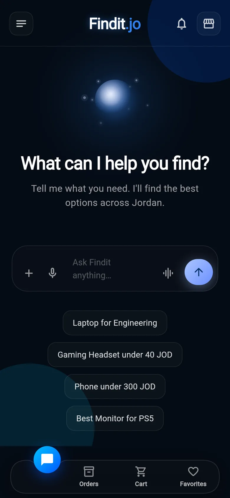 Findit.jo app home screen: What can I help you find?