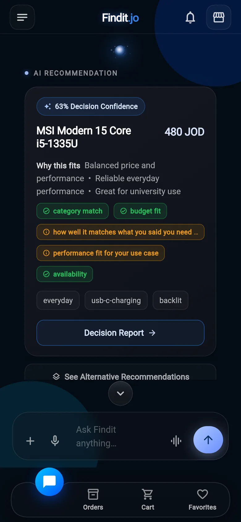 Findit.jo recommending the MSI Modern 15 for 480 JOD, with the reasons it fits